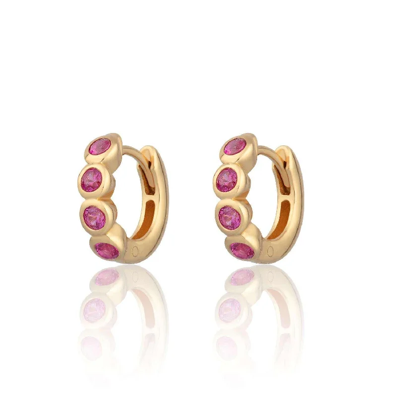 affordable ladies earrings-Scream Pretty Bezel Huggie Earrings with Ruby Pink Stones