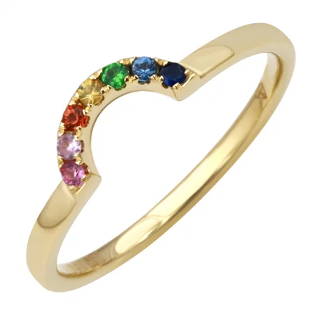 heart-shaped ladies rings-14K Yellow Gold Multi Color Sapphire Rainbow Ring