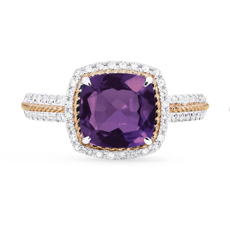 fashion gemstone ladies rings-TWO-TONE GOLD FASHION RING WITH CUSHION SHAPED AMETHYST, .17 CT TW