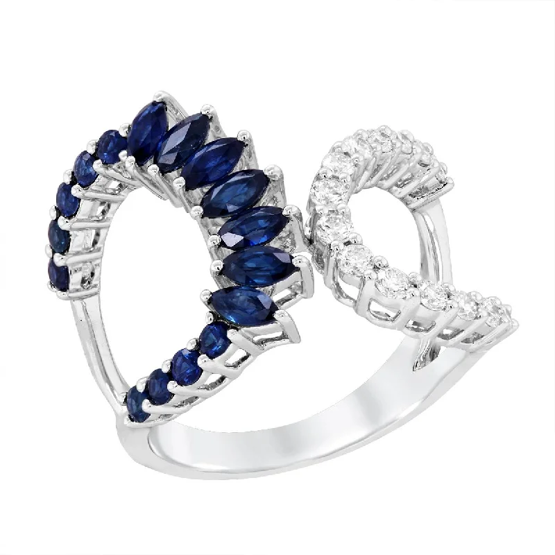 unique ladies rings-WHITE GOLD RING WITH FANCY SAPPHIRES AND ROUND DIAMONDS, .31 CT TW