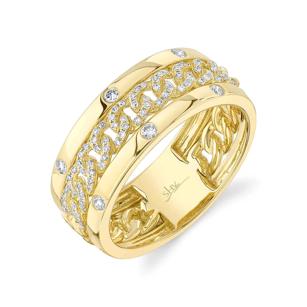 personalized ladies rings-14k Yellow Gold Diamond Men's Curb Link Triple Row Band