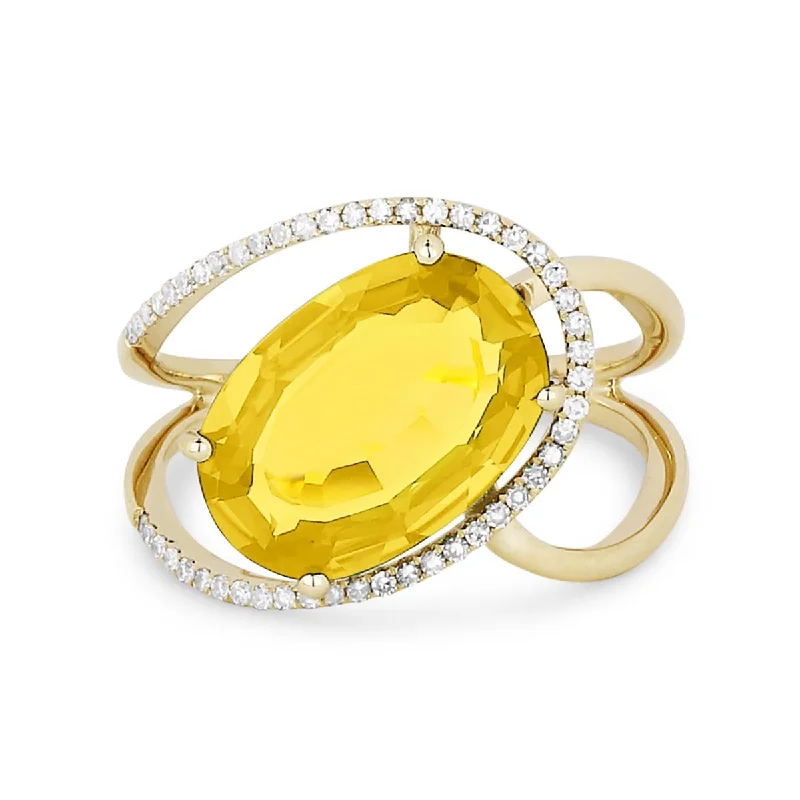 designer ladies rings-YELLOW GOLD AND OVAL CUT CITRINE STATEMENT RING, .13 CT TW