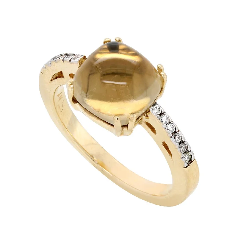 women’s pearl rings-YELLOW GOLD FASHION RING WITH CABOCHON CUT YELLOW QUARTZ, .10 CT TW