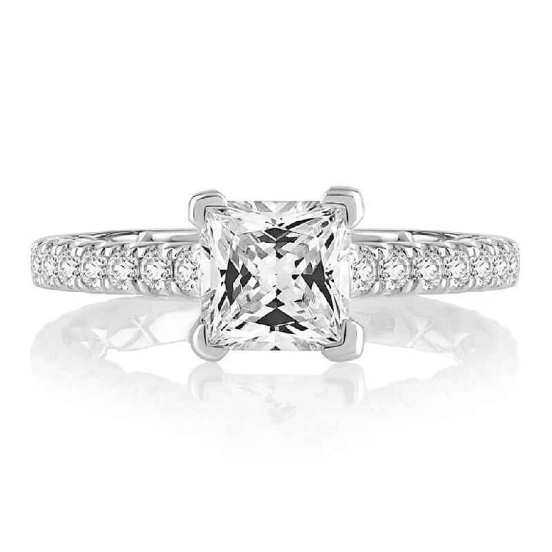 engagement rings with custom designs for ladies-14K White Gold Princess Center Hidden Halo Engagement Ring