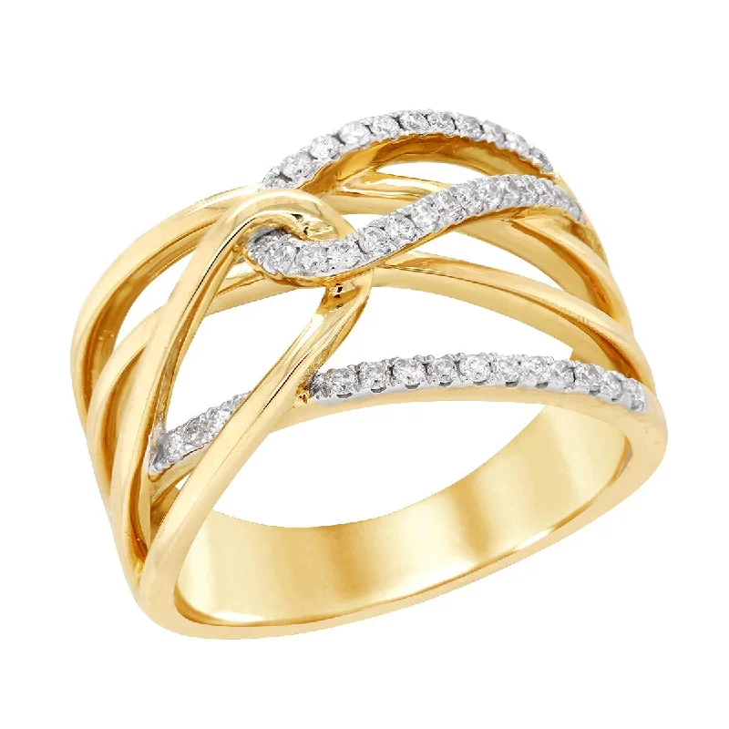 delicate ladies rings-MODERN YELLOW GOLD SPLIT SHANK FASHION RING WITH ROUN DIAMONDS, .26 CT TW