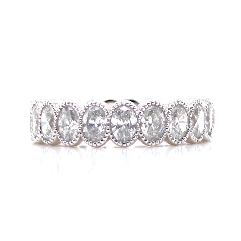 designer ladies rings-14K White Gold Oval Diamond Milgrain Eternity Band