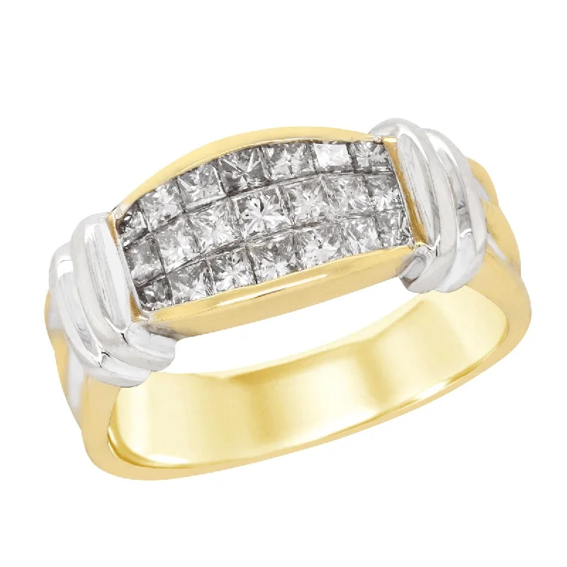 engraved ladies rings-TWO-TONE GOLD FASHION RING WITH PRINCESS CUT DIAMONDS, 1.00 CT TW