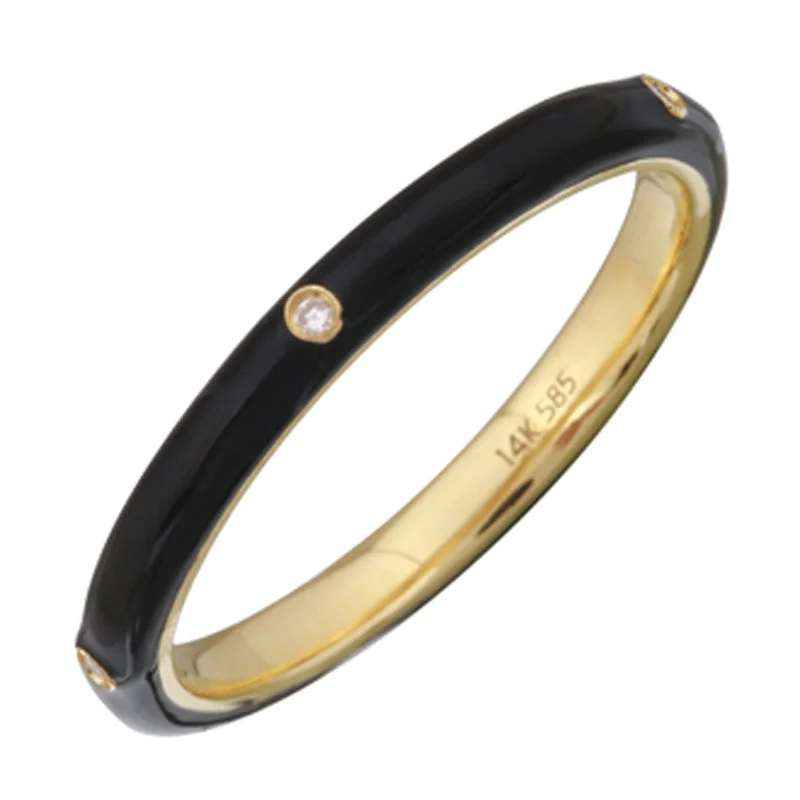 oval-shaped diamond ladies rings-14k Yellow Black Enamel & Diamond Ring