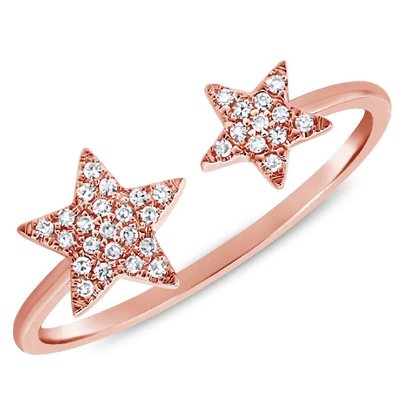 personalized rings for ladies-14K Rose Gold Diamond Double Star Open Cuff