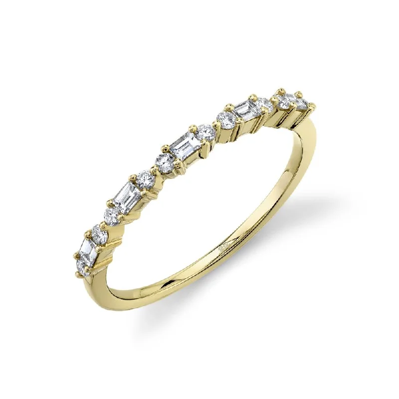 elegant ladies rings-14K Yellow Gold Round + Baguette Diamond Band