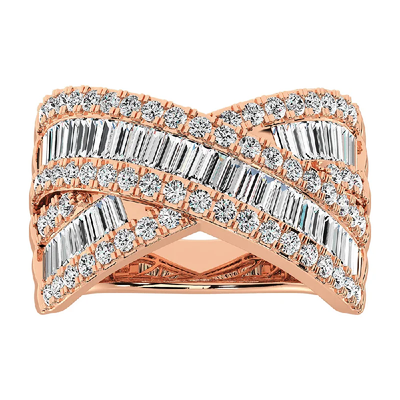 infinity ladies rings-14K Rose Gold 1 1/2 Ct.Tw. Diamond Round and Baguette Crossover Ring