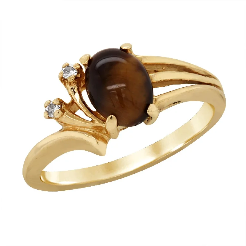 luxury gemstone ladies rings-YELLOW GOLD TIGER EYE RING WITH SIDE DIAMONDS, .02 CT TW