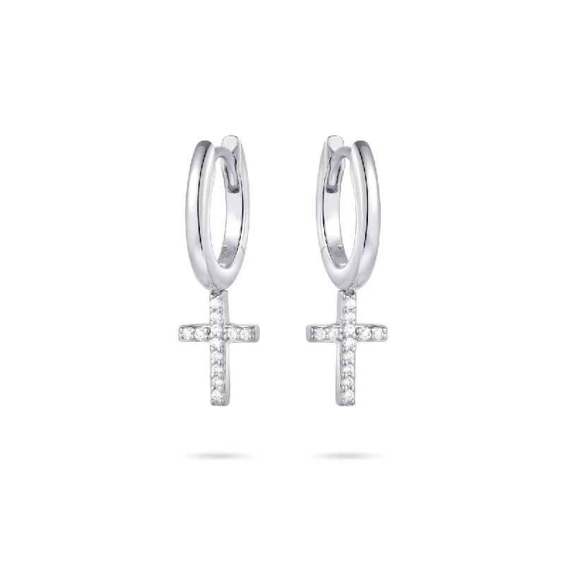 diamond stud earrings for women-Sterling Silver Hoop Earrings & Cubic Zirconia Dangling Crosses