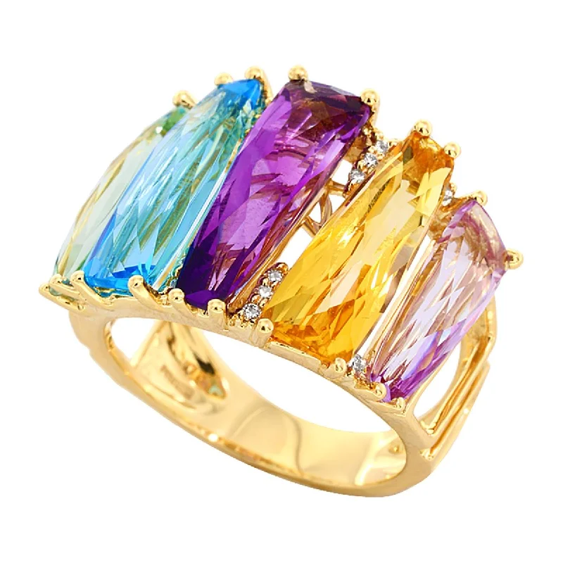 ladies rings with colored stones-YELLOW GOLD FASHION RING WITH MULTICOLORED GEMSTONES AND DIAMONDS, .06 CT TW