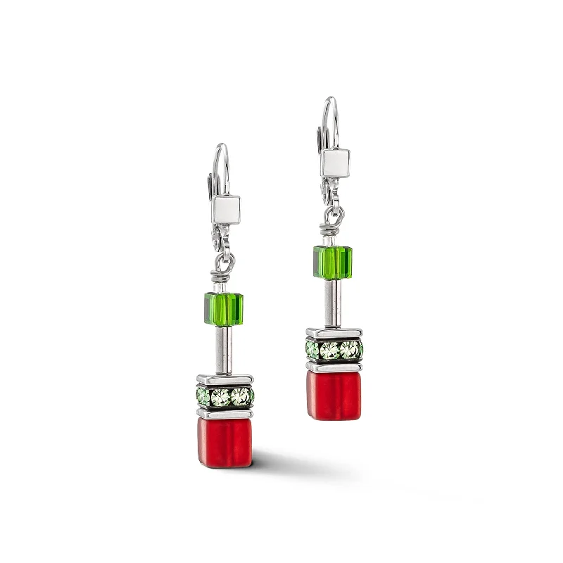 large hoop earrings for ladies-Coeur De Lion GeoCUBE® Iconic Red Green Earrings