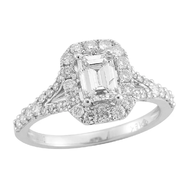 trendy engagement rings for women-14K White Gold 0.48Ct Emerald Cut Diamond Split Shank Halo Engagement Ring