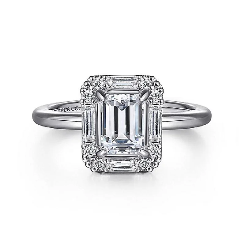 women’s engagement rings with side stones-14K White Gold 'Cammie' Halo Emerald Cut Diamond Engagement Ring