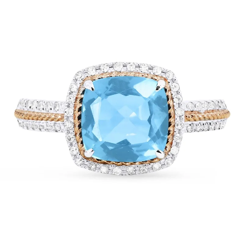 platinum wedding bands for ladies-TWO-TONE GOLD FASHION RING WITH CUSHION SHAPED BLUE TOPAZ, .18 CT TW