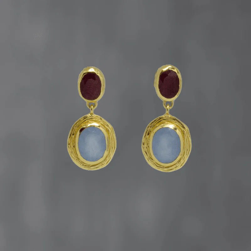 silver hoop earrings for women-Gold Textured Ruby and Blue Chalcedony Drop Earrings