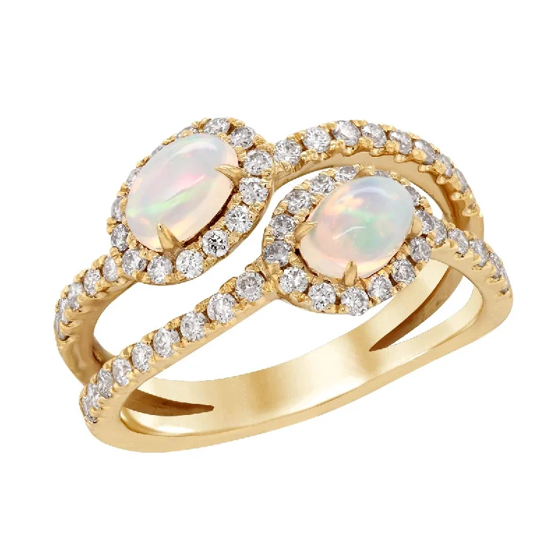 ladies adjustable rings-YELLOW GOLD FASHION RING WITH OVAL OPALS AND DIAMOND HALOS, .62 CT TW