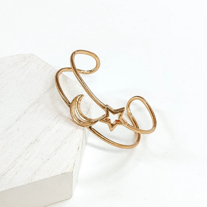 infinity bracelets for women-Gold Bangle Bracelet with Moon and Star Pendant