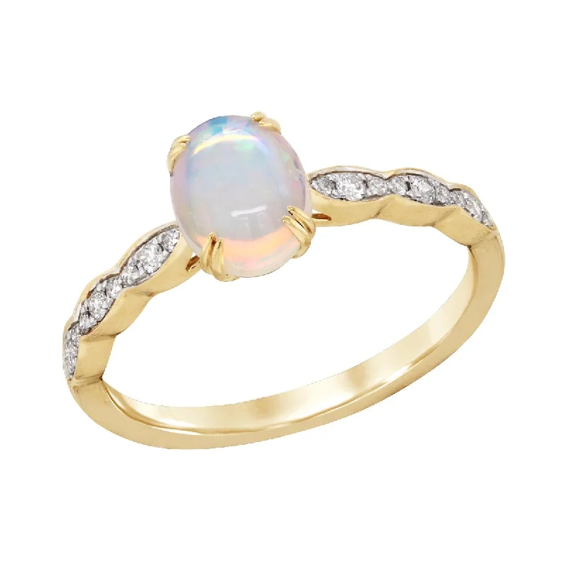 ladies rings with diamonds-YELLOW GOLD OPAL FASHION RING WITH SCALLOPED SHANK AND DIAMONDS, .11 CT TW