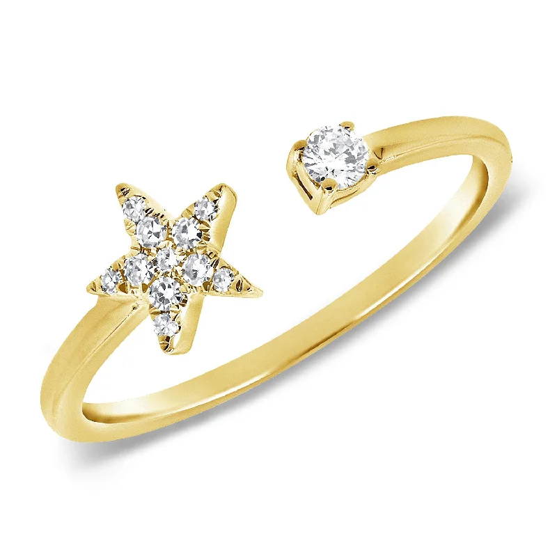 ladies rings with rose quartz-14K Yellow Gold Diamond Mini Star Open Cuff Ring