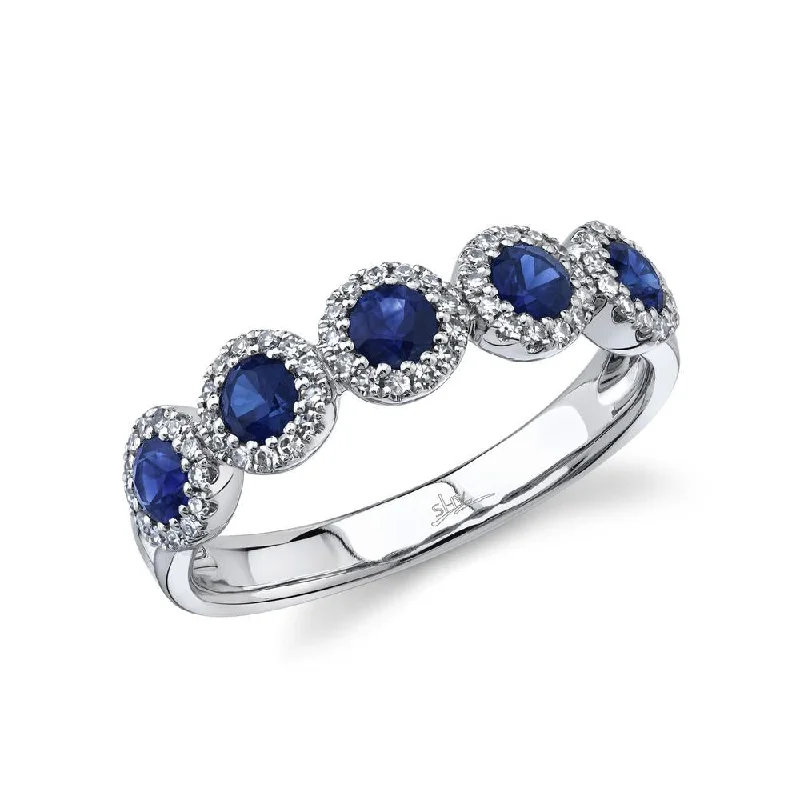 women’s wedding rings-14K White Gold Diamond Halo + Blue Sapphire Band