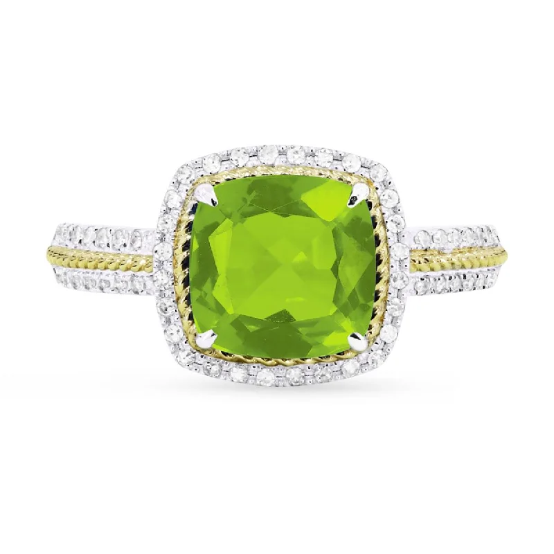 women’s birthstone rings-TWO-TONE GOLD FASHION RING WITH CUSHION CUT PERIDOT, .18 CT TW