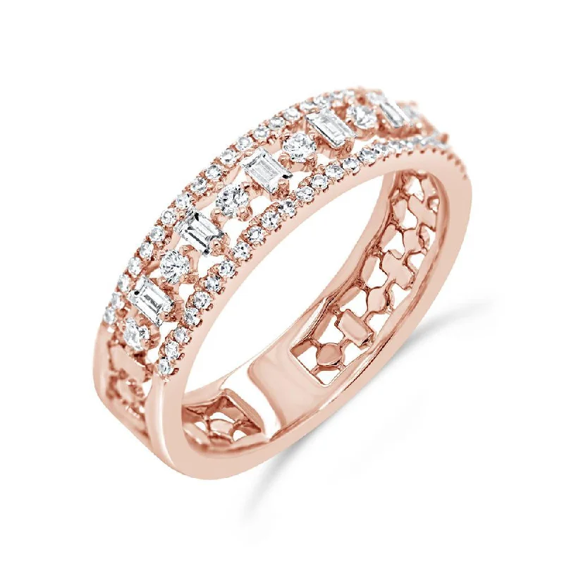 rose gold diamond ladies rings-14K Rose Gold Round+Baguette Diamond Band