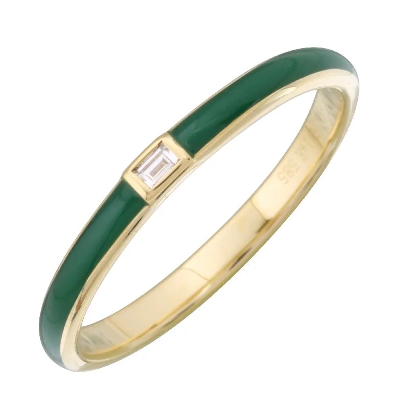 women’s birthstone rings-14k Yellow Gold Green Enamel & Diamond Ring