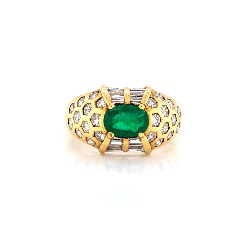 vintage style ladies rings-18K Yellow Gold Diamond + Emerald Ring