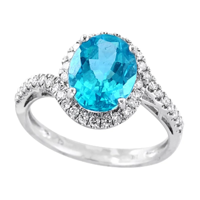 wedding band for ladies-WHITE GOLD FASHIN RING WITH OVAL CUT APATITE AND DIAMOND HALO, .26 CT TW