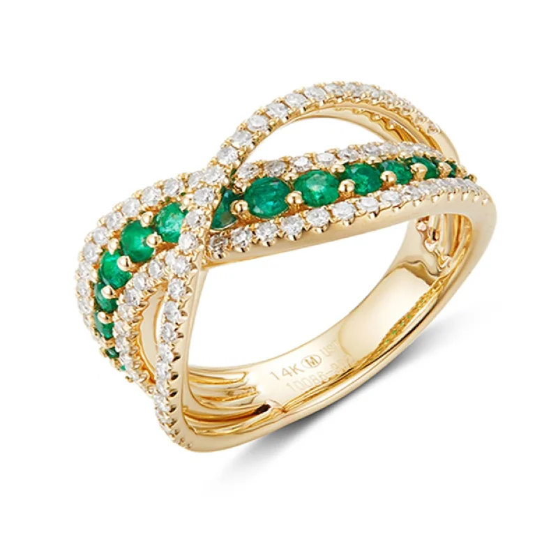 simple ladies rings with diamonds-YELLOW GOLD FASHION RING WITH EMERALDS AND DIAMONDS, .69 CT TW