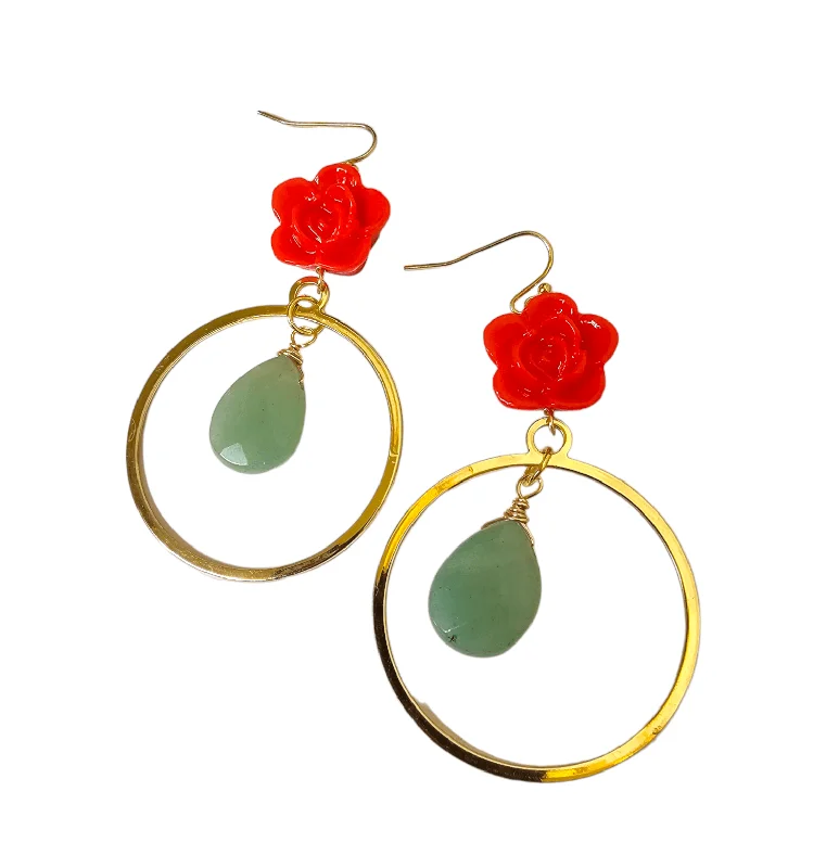 boho style earrings for women-Jade Rose Hoop Earrings