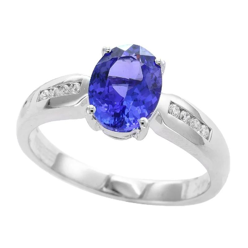 fashion ladies rings-WHITE GOLD FASHION RING WITH OVAL TANZANITE AND ROUND DIAMONDS, .08 CT TW