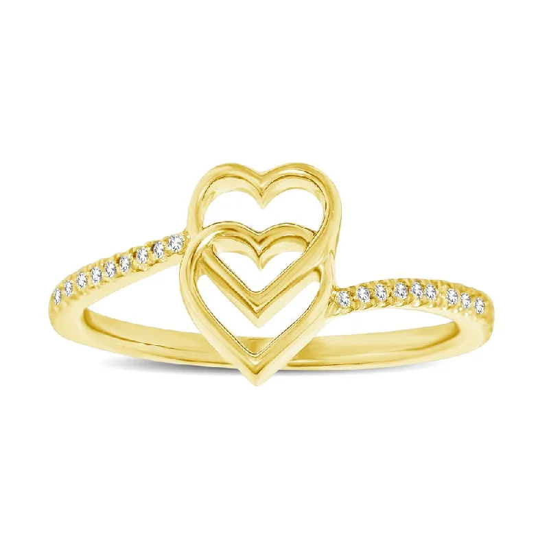 ladies rings with blue topaz-10K Yellow Gold 1/10 Ctw Diamond Double Heart Ring