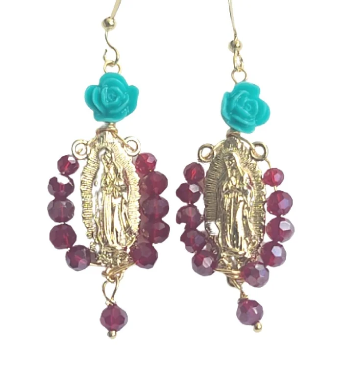 silver hoop earrings with diamonds-Virgen de Guadalupe Rosary Earrings