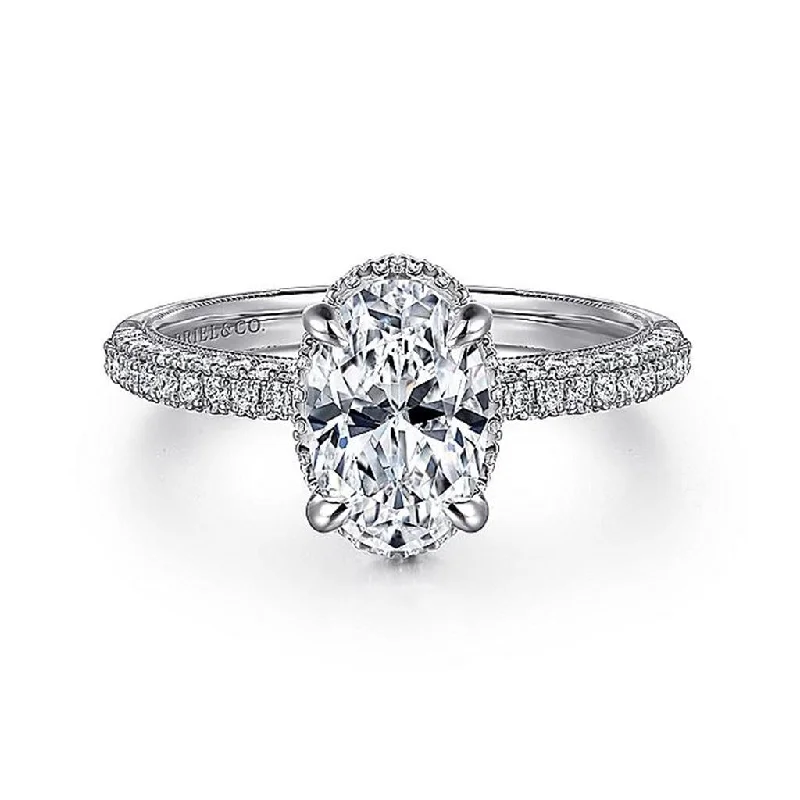 ladies engagement rings with rose-cut diamonds-14K White Gold 'Caly' Hidden Halo Oval Diamond Engagement Ring