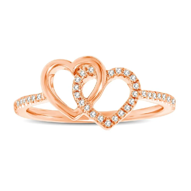 fashion rings for ladies-10K Rose Gold 1/6 Ctw Diamond Double Heart Ring