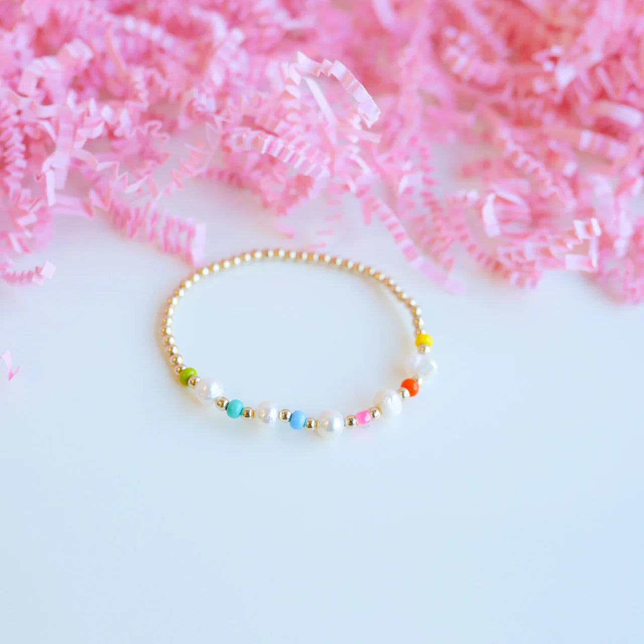 women’s colorful bracelets-Beaded Blondes | Beach Rainbow Bracelet in Gold with Pearl Accents