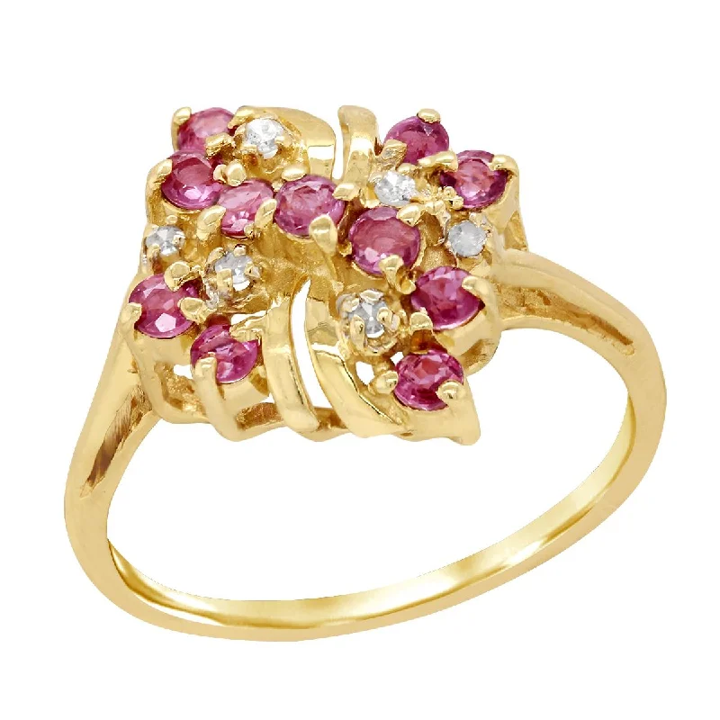 oval-shaped diamond ladies rings-YELLOW GOLD FASHION RING WITH PINK SAPPHIRES AND DIAMONDS, .06 CT TW