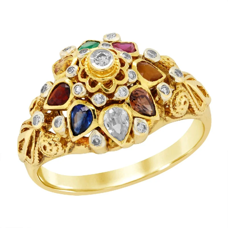 modern ladies rings-YELLOW GOLD MULTI-COLORED GEMSTONE FASHION RING WITH DIAMONDS, 1/10 CT TW