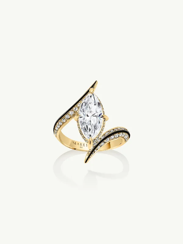 women’s engagement rings with emerald accents-Ayla Arabesque Engagement Ring With Marquise-Cut White Diamond, Pavé-Set Brilliant White Diamonds & Enamel In 18K Yellow Gold