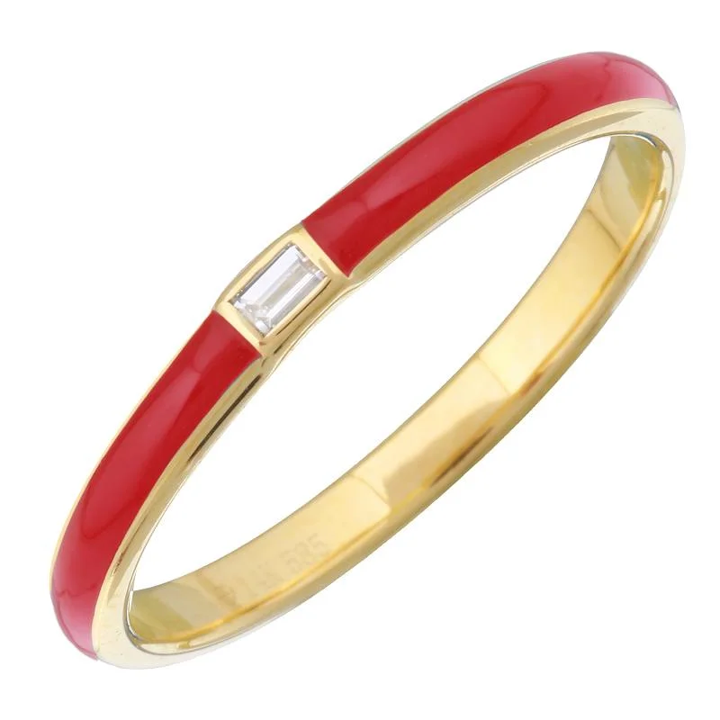 boho style ladies rings-14k Yellow Gold Red Enamel & Diamond Ring