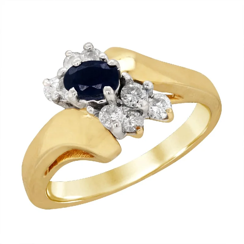 colorful gemstone ladies rings-YELLOW GOLD RING WITH OVAL SAPPHIRE AND DIAMONDS, 1/4 CT TW