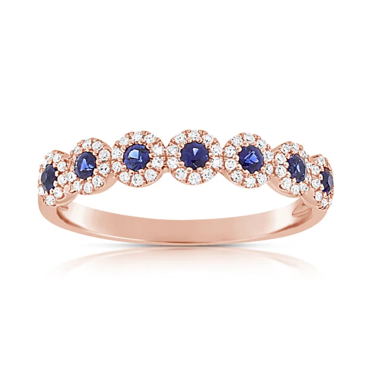 ladies rings with diamonds and sapphires-14K Rose Gold Diamond Halo + Sapphire Band