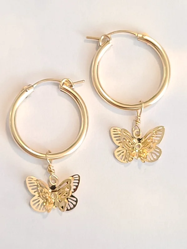 women’s dangling gemstone earrings-Butterfly 14kt Gold Fill Hoop Earrings