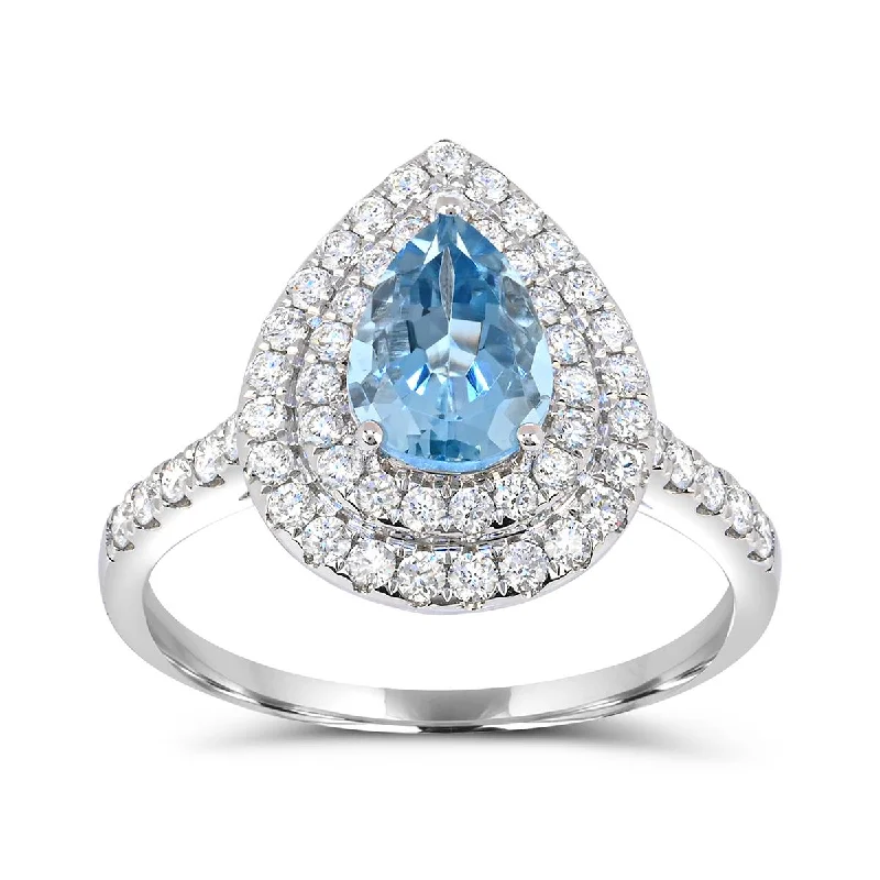 ladies rings with amethyst-WHITE GOLD FASHION RING WITH PEAR SHAPED AQUAMARINE AND DIAMOND HALO, .55 CT TW