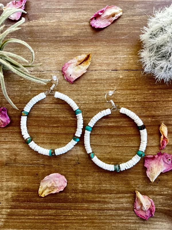 women’s earrings for casual wear-Shell hoop and turquoise earrings